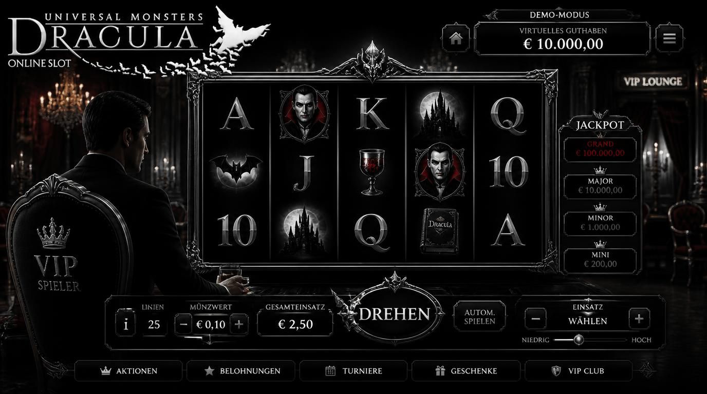 Bild eines VIP-Spielers, der ein Dracula-Demo-Spiel mit virtuellem Guthaben testet, mit flexiblem Einsatzregler in luxuriösem Casino-Setting im Dracula-Stil