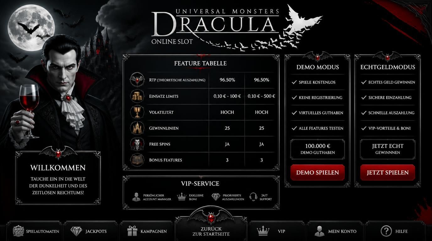 Bild zeigt Vergleich zwischen Demo- und Echtgeldmodus mit Tabelle für Features wie Limits, RTP &amp, VIP-Service in Dracula-Stil