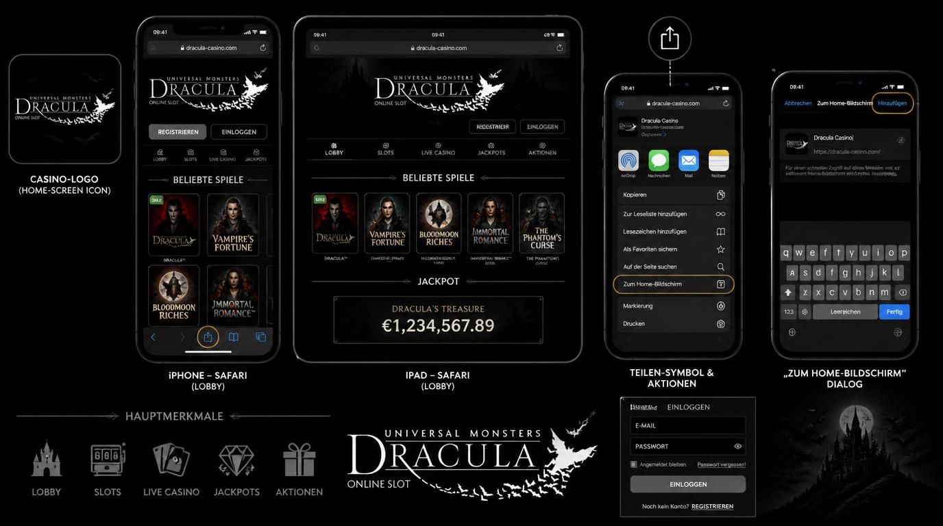 Mobilgeräte zeigen Dracula Spiel auf Android und iOS mit Ladeanimation und Touch-Steuerung