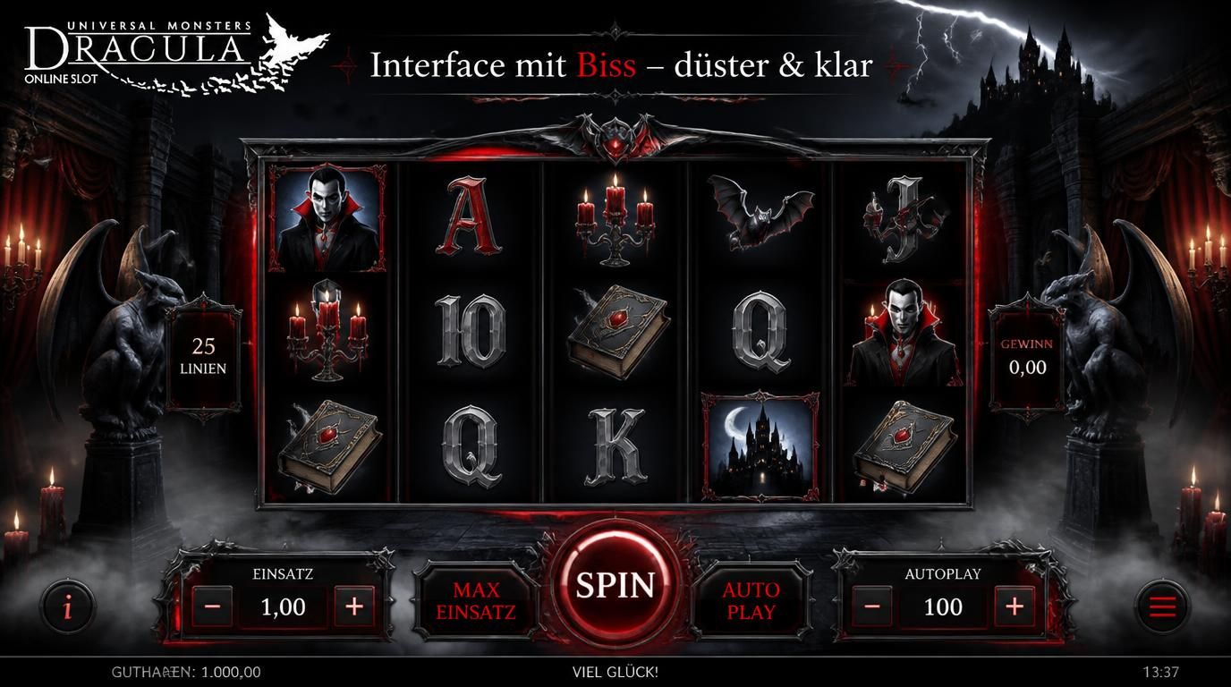 Interface mit düsterem Interface, klaren Symbolen und rotem Farbspiel