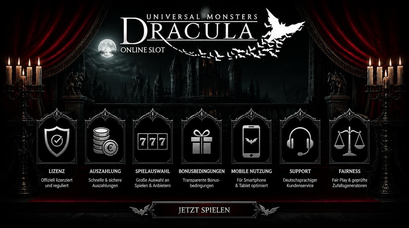 Sieben Kriterien-Grafik mit Symbolen wie Lizenz, Auszahlung, Bonus etc
